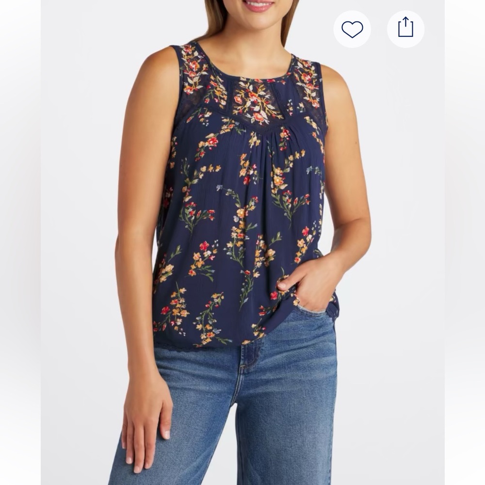 Floral Navy Sleeveless Top with Lace Detail